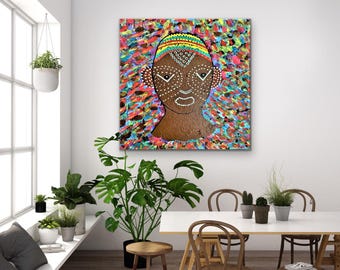 May include: Abstract painting of a person's face with colourful geometric patterns and a brown skin tone. The background is a colourful abstract design.