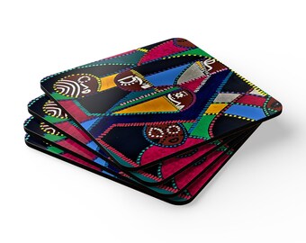 African Art 4 coaster set, high gloss front, cork back coaster, hot and cold drinks, Bohemian or Afrocentric home décor, gift for new home