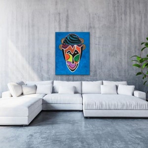 African Man mask, modern abstract art, colorful living room wall decor, Afrocentric art, Jamaican art, Rastafarians of Jamaica, unique gift image 2