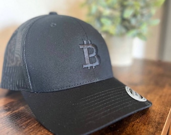 Bitcoin Trucker Hat | Black on Black Embroidered BTC Logo Cap | Crypto Apparel