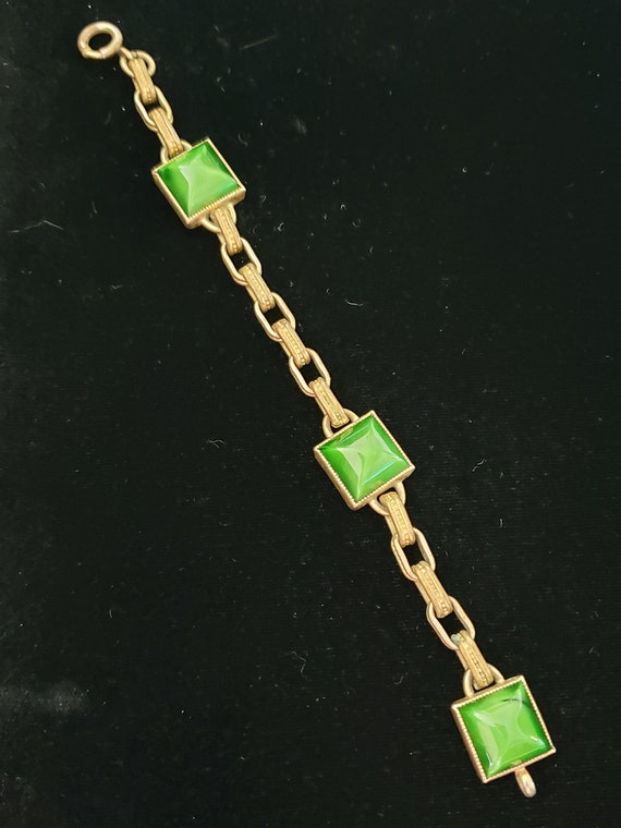 1930's Brass Green Pyramid Glass Bracelet Opalesc… - image 1