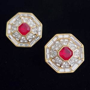 Vintage Nina Ricci Red White Rhinestone Earrings 70&#39;s 80&#39;s Designer Signed