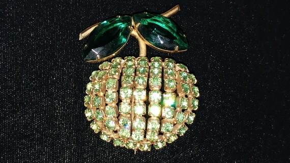 Uranium Glass Green Rhinestone Apple Brooch Vinta… - image 1