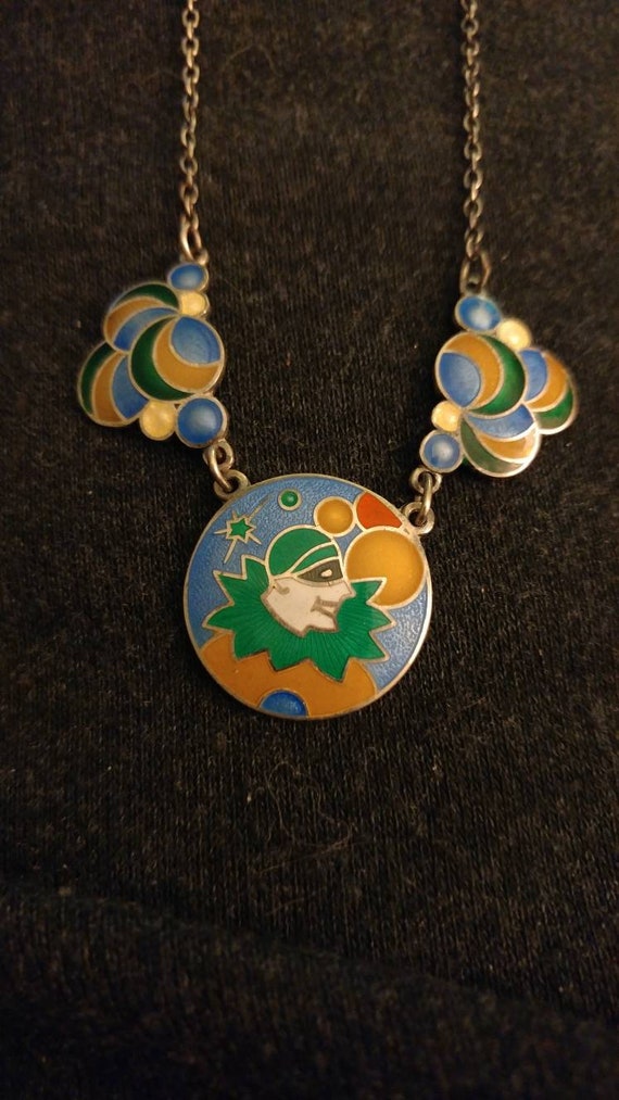 Vintage deco sterling enamel jester necklace
