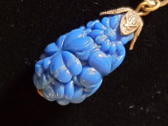 Vintage Blue Molded Glass Shamrock Floral Pendant… - image 4
