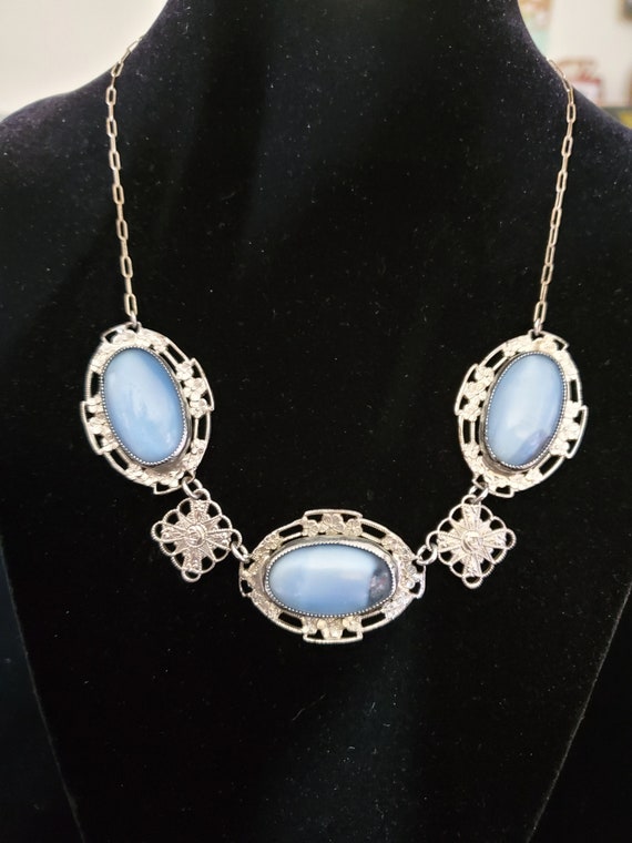 Vintage Baby Blue Art Glass Floral Necklace 1930's