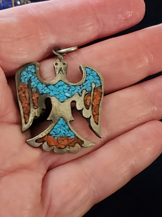 Vintage Sterling Turquoise Coral Chip Thunderbird… - image 4