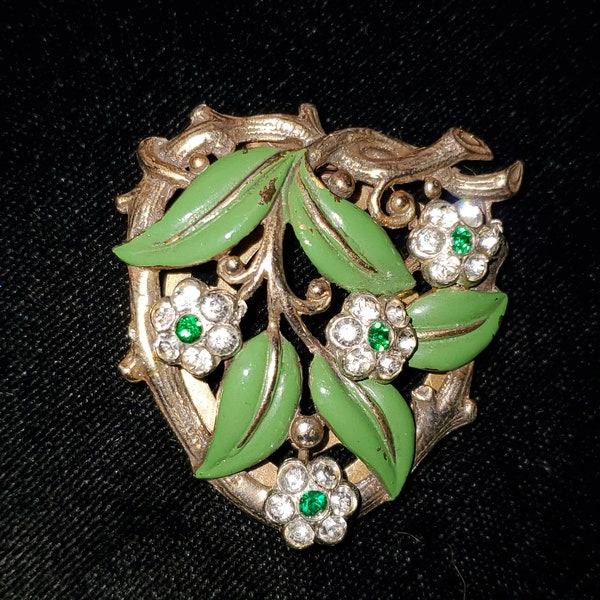 Trifari Floral Rhinestone Enamel Leaf Branch Clip Unsigned 1930's 1940's Clip-mate Designer Costume Rare