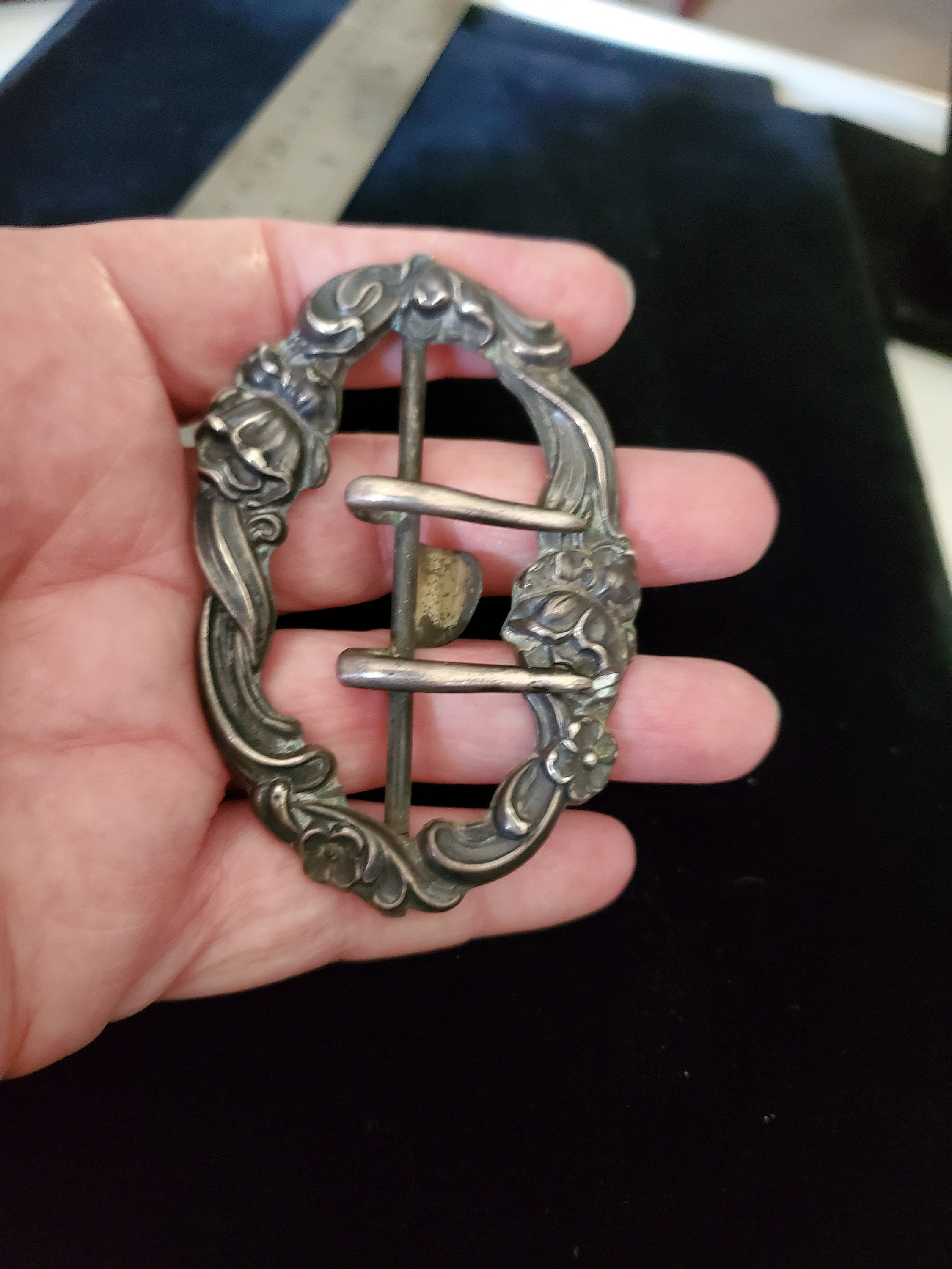 Art Nouveau Sterling Repousse Double Tang Belt Buckle Floral Antique Roses Art Nouveau Sterling Repousse Double Tang Belt Buckle Floral  main image 3