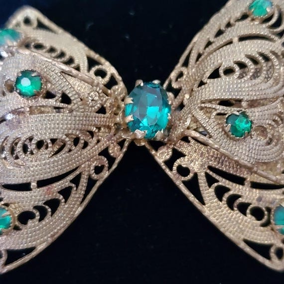 Vintage Czech Fillagree Rhinestone Bow Brooch Del… - image 2