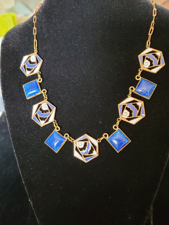 Vintage Art Deco Brass Enamel Lapis Glass Necklace