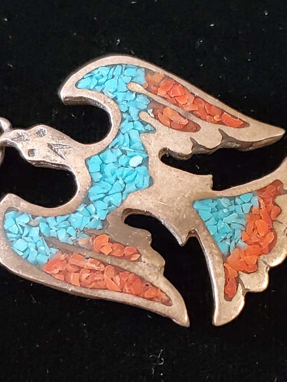 Vintage Sterling Turquoise Coral Chip Thunderbird… - image 6