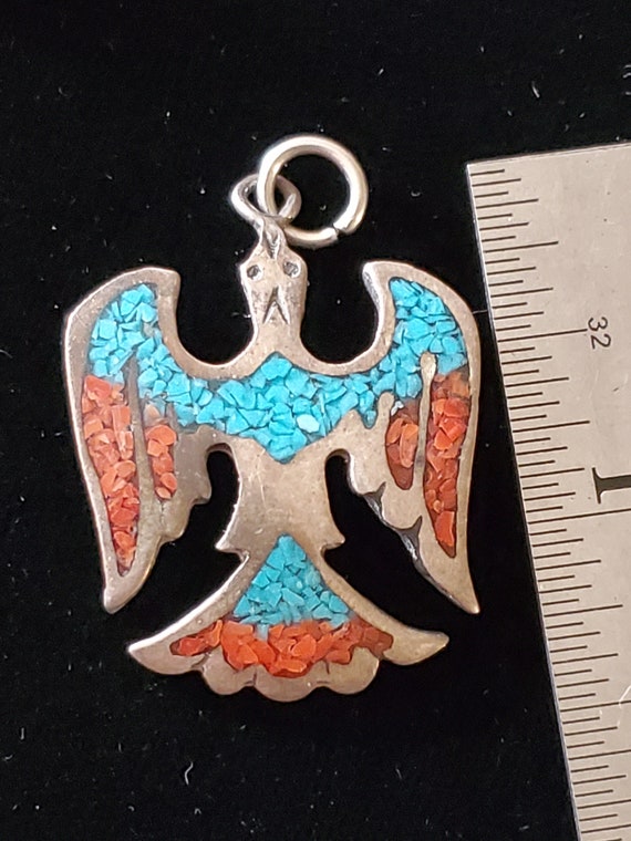 Vintage Sterling Turquoise Coral Chip Thunderbird… - image 3