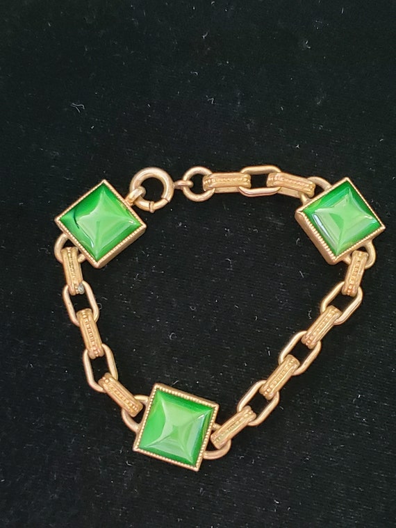 1930's Brass Green Pyramid Glass Bracelet Opalesc… - image 9