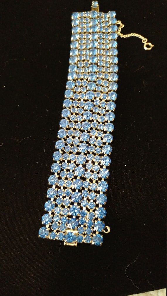 Wide Blue Rhinestone Bracelet Mid-century Prong Se