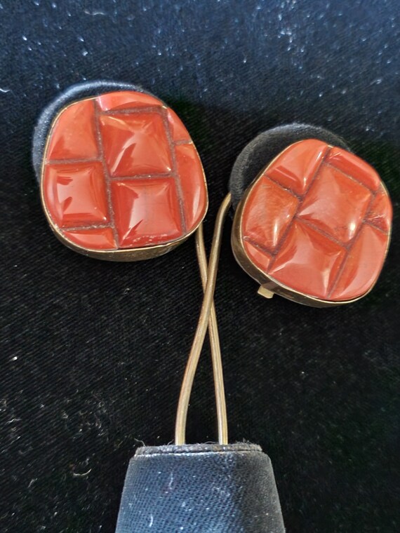 Vintage Celia Sebiri Coral Stone Quilted Tile Ear… - image 1