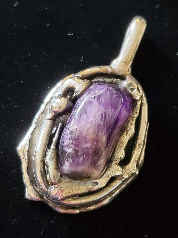 1970's Brutalist Sterling Polished Amethyst Pendan