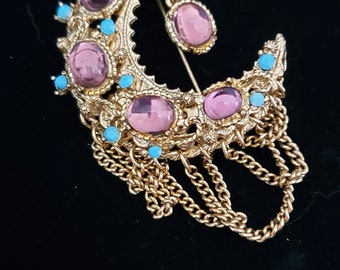 Vintage Moon Brooch Purple Cabochon Faux Turquoise Chain Embellished Gold Tone