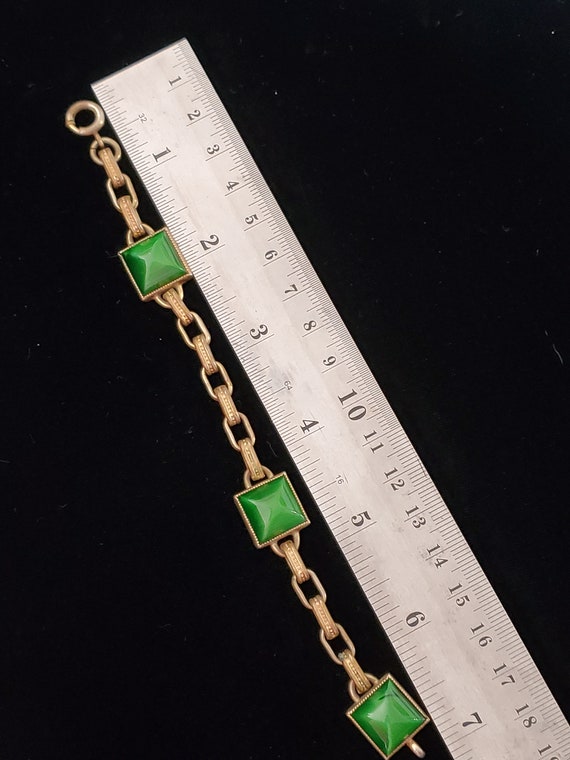 1930's Brass Green Pyramid Glass Bracelet Opalesc… - image 7