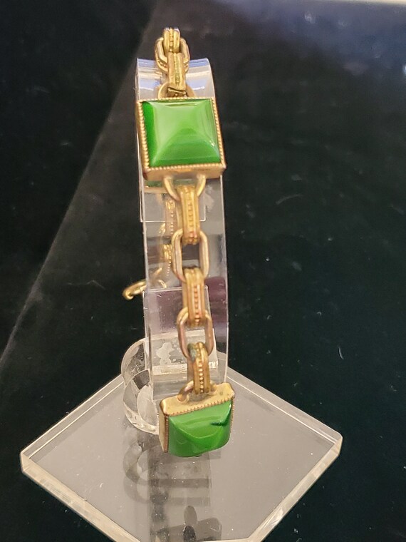 1930's Brass Green Pyramid Glass Bracelet Opalesc… - image 10