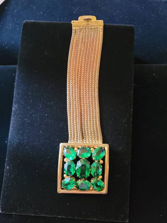 Art Deco Emerald Green Glass and Chain Bracelet W… - image 1
