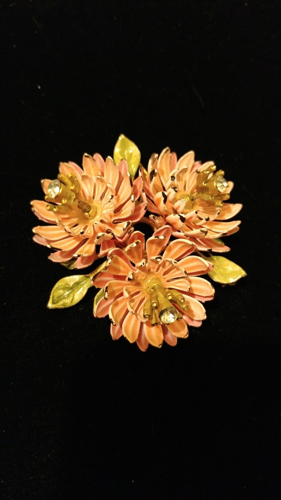 Pink Enamel Triple Proteus Flower Tremblant Brooch - image 1