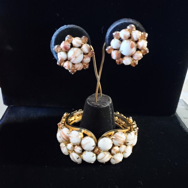 Verified Juliana Milk Glass Aventurine Clamper Bracelet Earrings Set Art Glass