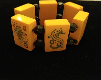 Vintage Bakalite Majong Tile Bracelet Stretch Elastic Numbers Dragon Bamboo