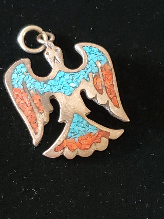 Vintage Sterling Turquoise Coral Chip Thunderbird… - image 1