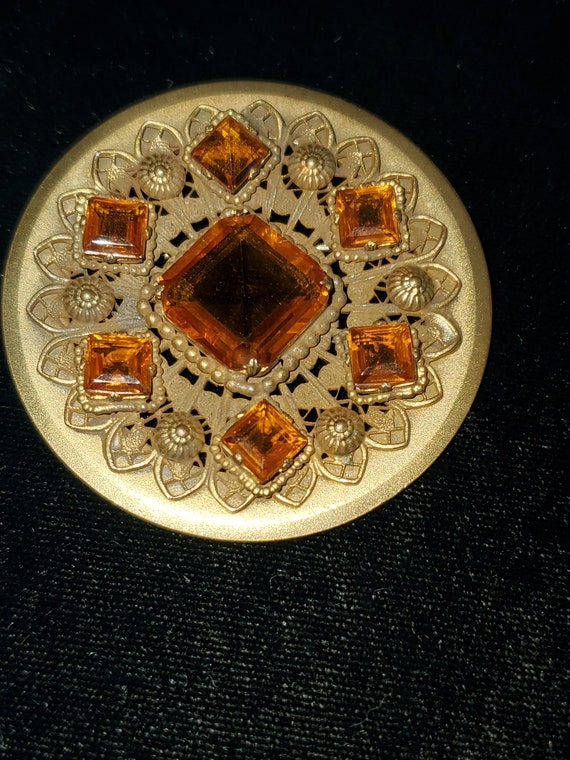 Early Coro Topaz Glass Floral Brooch Byzantine Me… - image 2