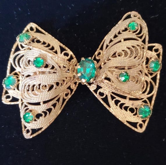 Vintage Czech Fillagree Rhinestone Bow Brooch Del… - image 1