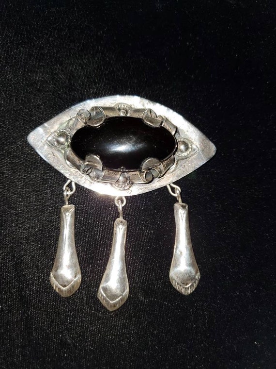 Large Mexican Sterling and Onyx "Eye" Brooch