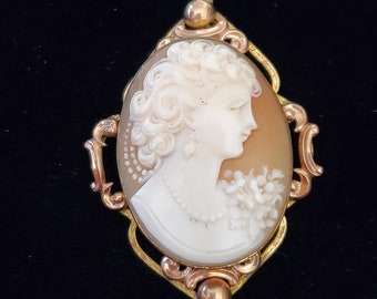 Van Dell Gold Filled Shell Cameo Pendant Scrolled Frame