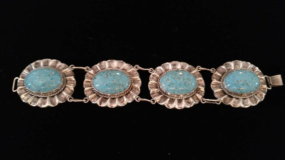 Wide Mexican Sterling Art Glass Bracelet-Pre 1970… - image 1