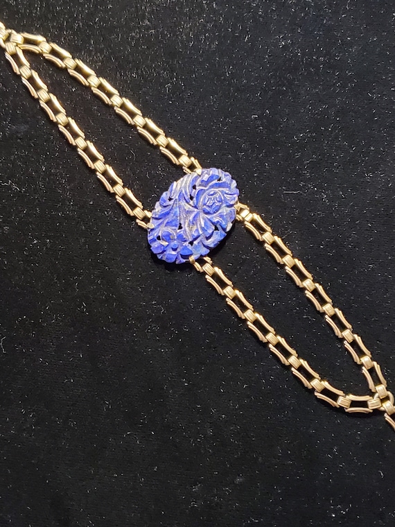 Art Deco Sterling Floral Carved Sodalite or Lapis 