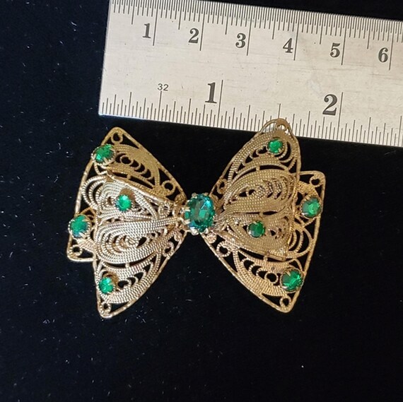 Vintage Czech Fillagree Rhinestone Bow Brooch Del… - image 3