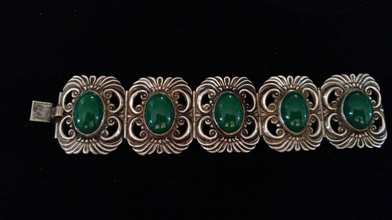 Early Mexican Sterling Green Onyx "Winged" Bracel… - image 1