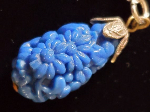 Vintage Blue Molded Glass Shamrock Floral Pendant… - image 5