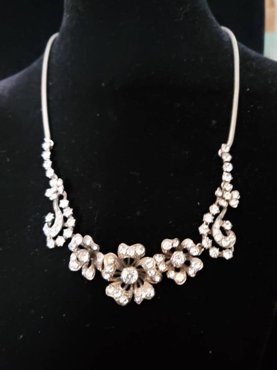 Beautiful Floral Rhinestone Necklace Pierced Desi… - image 1