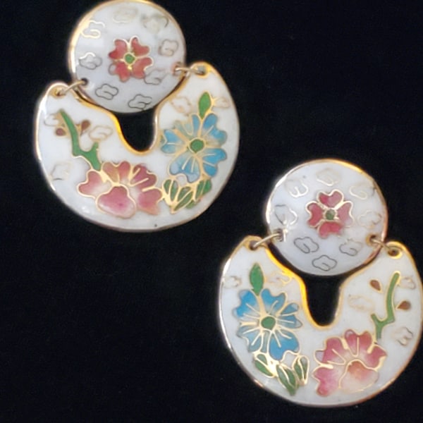 Vintage Pastel Floral White Cloisonne Doorknocker Earrings Pierced