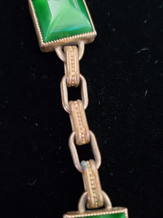 1930's Brass Green Pyramid Glass Bracelet Opalesc… - image 2