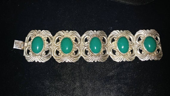 Early Mexican Sterling Green Onyx "Winged" Bracel… - image 6