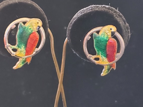 Vintage Sterling Enamel Parrot Screw Back Earring… - image 1