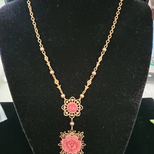 Vintage Brass and Glass Rose Necklace Delicate Spingtime Boho Edwardian