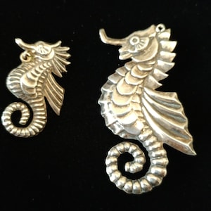 Mexican Sterling Seahorse Brooches Mama and Baby Mid-century Signed Art Deco
