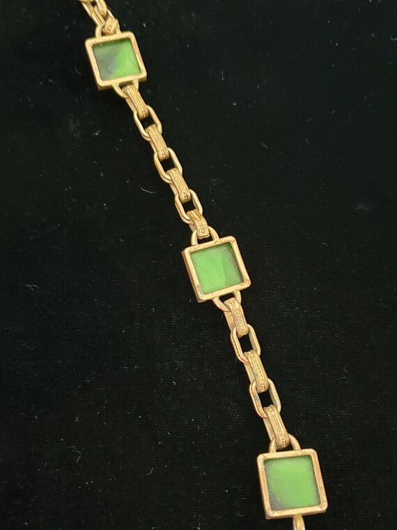 1930's Brass Green Pyramid Glass Bracelet Opalesc… - image 4