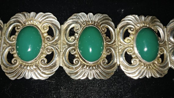 Early Mexican Sterling Green Onyx "Winged" Bracel… - image 4