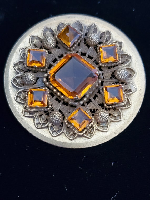 Early Coro Topaz Glass Floral Brooch Byzantine Me… - image 1