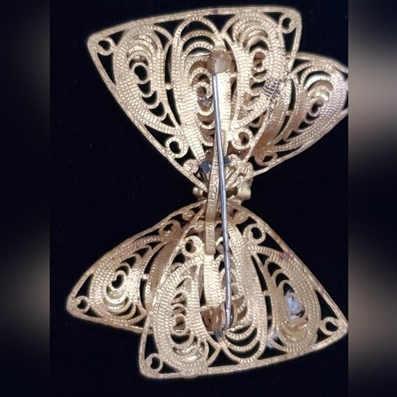 Vintage Czech Fillagree Rhinestone Bow Brooch Del… - image 5