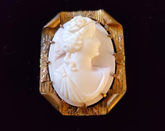 Antique Shell Cameo Brooch 1920's 30's Plated Folded Frame Art Nouveau Greek Roman Goddess